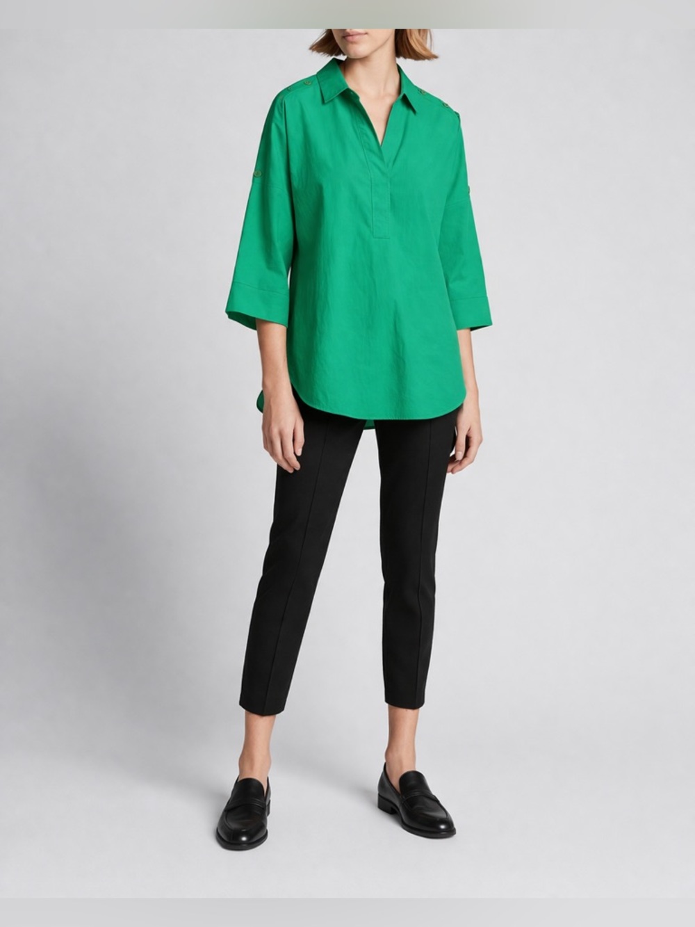 Akris Punto Kimono Sleeve Blouse Green Split Neck Luxury Top Women Size 10